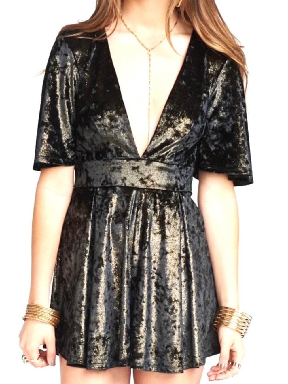 Show Me Your Mumu Tallara Velvet Romper Plunging Neck Dark Bronze Size L NWT